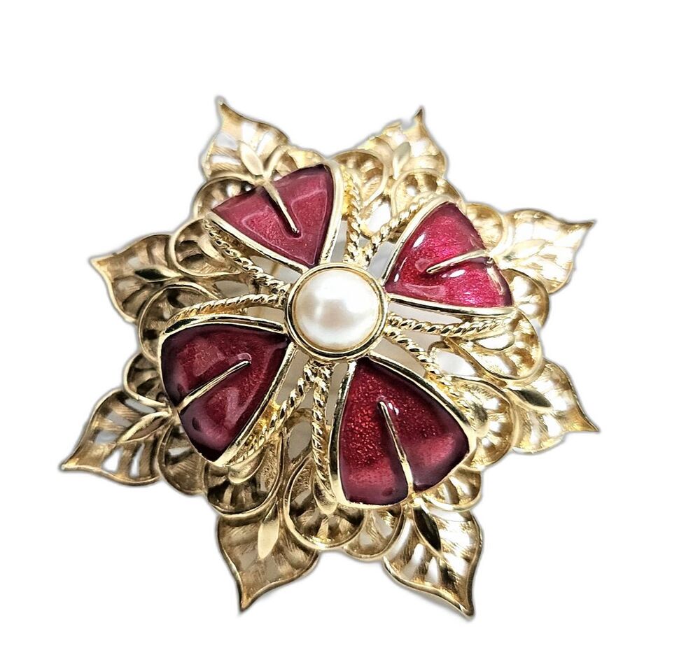 Vintage Monet Festive Poinsettia Christmas Snowflake Brooch Enamel Faux Pearl